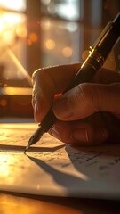 Warm Light on Hands Writing with Pen on Paper with Bokeh in Background