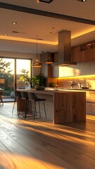 Warm Light Interior with Wood Island Seating and Modern Design with Cinematic Lighting, Clean Lines and Minimal Spa Aesthetic, Focus on Wood Grain