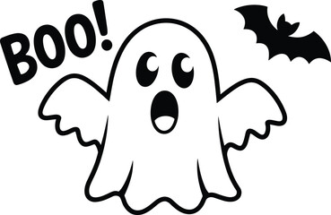 Cute Halloween ghost with BOO text and flying bat, spooky cartoon ghost illustration, funny scary spirit decoration for holiday