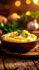 Warm Mashed Potatoes Garnished with Parsley in Brown Bowl on Wooden Board with Garlic Background