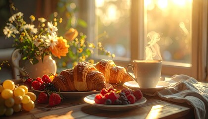 Warm Sunny Breakfast Still Life With Croissants Coffee and Flowers by the Window with Soft Golden Light and Fruits on Rustic Wooden Table