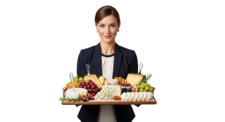 Woman holding a platter of cheese and fruit isolated on transparent background