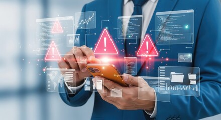 A person using a smartphone with digital warning signs and data charts floating around it