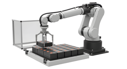 Industrial Robotic Arm Working with Black Components on White Background
