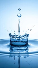 Water Drop Collision Creates Crown with Reflections on Smooth Surface in Blue Tones