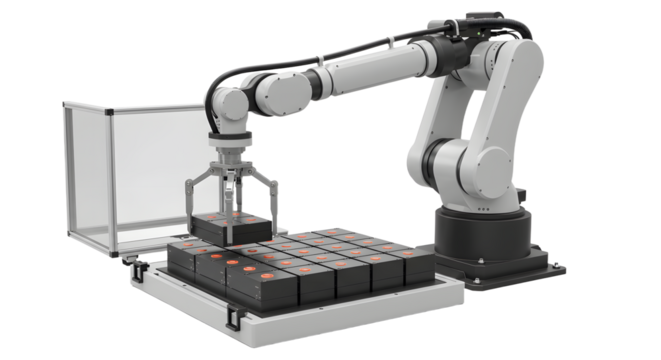Industrial Robotic Arm Working with Black Components on White Background