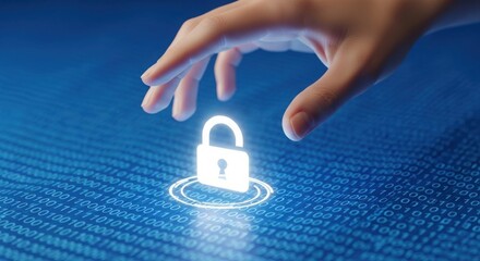 Digital security concept featuring a hand touching a padlock on a binary code background