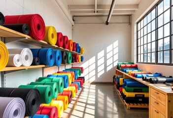 Colorful rolls of fabric in a kitesurfing equipment production facility