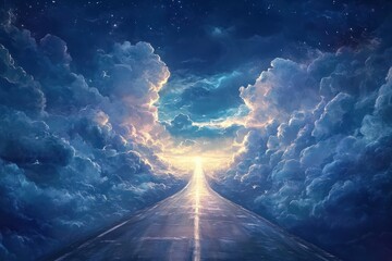 Road to the sky with clouds and starlight, toward illuminated future.