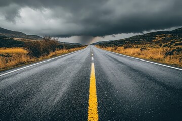 Open road beneath stormy skies, inviting adventure and introspection, a journey ahead.