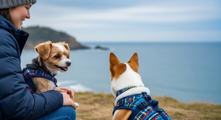 Woman and Dogs Enjoying Coastal View.