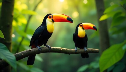 Fototapeta premium Two stunning toucans perched on a branch, displaying vibrant colors in a lush rainforest environment, perfect for nature projects