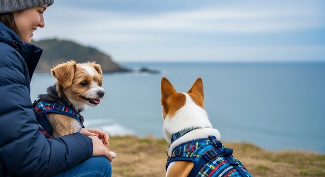 Woman and Dogs Enjoying Coastal View. - Powered by Adobe