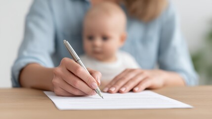 A mother writes on a document with a silver pen while her baby sits quietly in the background, capturing the essence of multitasking and parenting challenges.