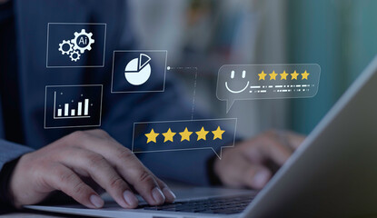 Business process automation workflow. AI analyzes 5-star customer satisfaction data and feedback to optimize services and drive performance improvement.