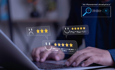 Concept of AI-powered analytics processing customer reviews. Sentiment analysis of user feedback and satisfaction ratings for business intelligence and CRM.