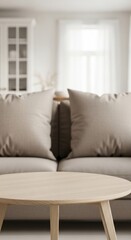 Fototapeta premium A living room scene featuring a round wooden table and a comfortable couch with pillows in soft light