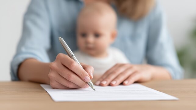 A mother writes on a document with a silver pen while her baby sits quietly in the background, capturing the essence of multitasking and parenting challenges.