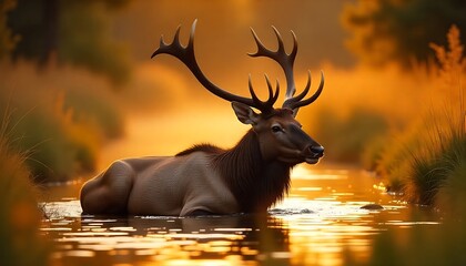 Majestic elk resting in tranquil water at sunset with stunning golden light reflecting, peaceful nature