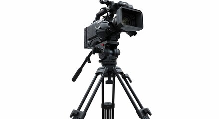 A professional video camera on a tripod against a plain white background in a studio setting