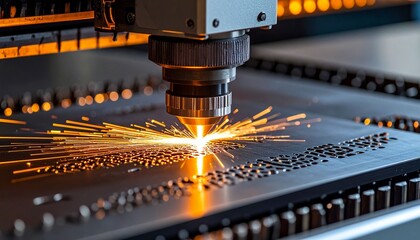 A close-up shot of laser cutting machine in action, sparks flying