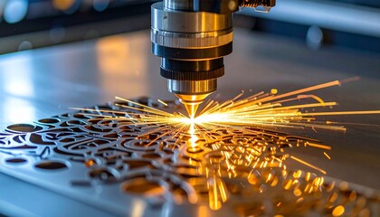 A high-tech laser cutting machine in action, with sparks flying as it precisely shapes metal