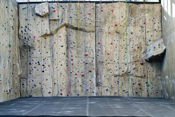Indoor climbing wall with multiple routes for various skill levels in an urban setting
