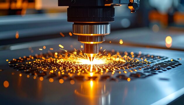 Laser cutting in a manufacturing environment, creating sparks as it cuts through a sheet of metal. The bright light and sparks indicate a precise and powerful process