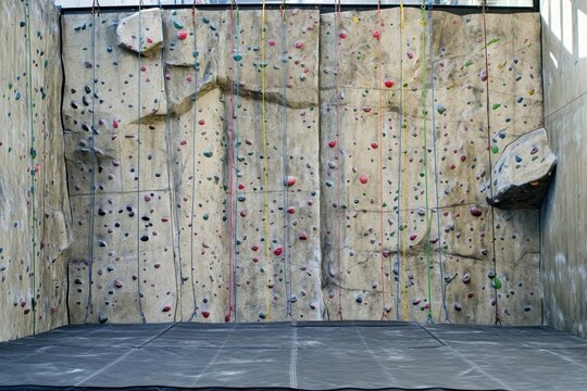 Indoor climbing wall with multiple routes for various skill levels in an urban setting - Powered by Adobe
