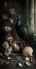 A peacock stands amidst a still life arrangement of flowers, shells, and jewels, bathed in a moody, dark light.