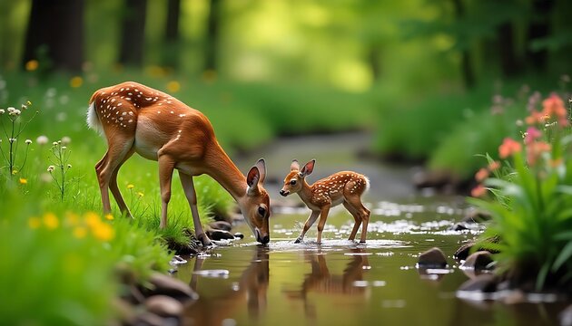 Gentle doe and spotted fawn share a serene moment drinking from a clear forest stream, surrounded by lush greenery and wildflowers.