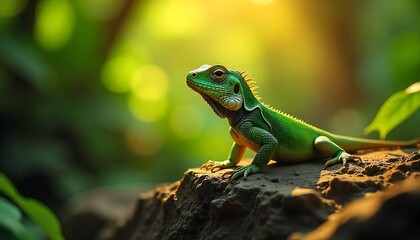 Fototapeta premium Vibrant green iguana basking on a sunlit rock, a stunning close-up capturing its intricate scales and reptilian gaze amidst lush jungle foliage