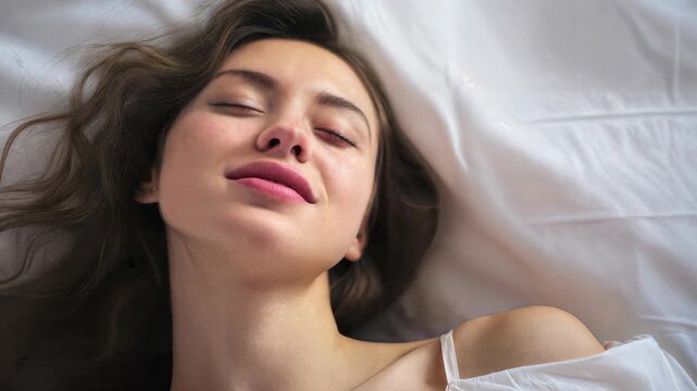 A woman gets orgasm. Woman lying on bed with expressive face, cinematic emotional lifestyle portrait for people, beauty, wellness, and inspirational storytelling branding.