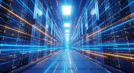 Futuristic server room with blue and orange lights creating a technological tunnel