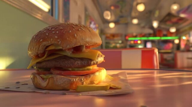 Delicious hamburger on table with bright lighting and colorful background