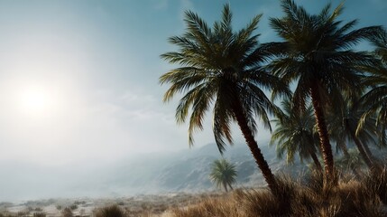 Fototapeta premium Lush palm trees thrive in an arid desert landscape under a bright hazy sun and blue sky