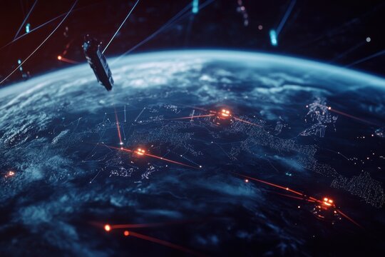 Satellite capturing data and communication around Earth from space with glowing points of interest