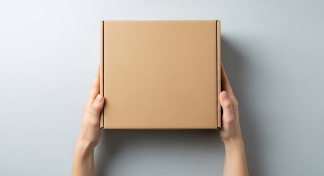 Hands holding a closed brown cardboard box on a light gray background in a top down view