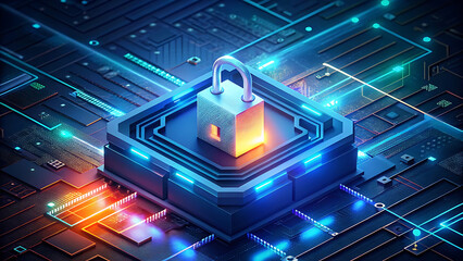 Abstract isometric lock symbol glowing on futuristic grid neon technology digital illustration  
