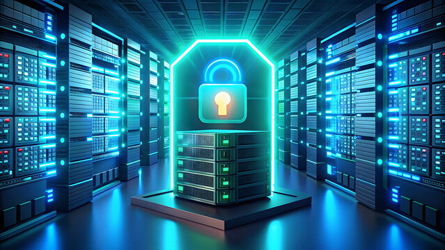 Dark futuristic server room vector with glowing holographic locks and cyber security background  