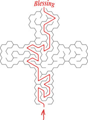Labyrinth in a shape of a cross. Symbolic religion maze. Find your way to the God's blessing. Educational logic puzzle isolated on white background.