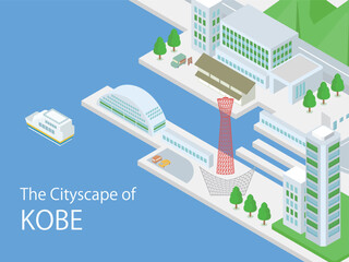 メリケンパークと海辺の街並みを描いた神戸の風景のアイソメトリックイラスト