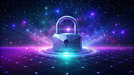 Lock hologram with floating particles in futuristic glowing neon cyber security background  