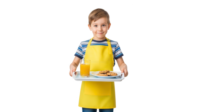 Young boy wearing a yellow apron holding a tray with food and juice, isolated on transparent background - Powered by Adobe