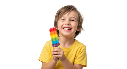 Obraz premium Young boy holding a rainbow popsicle isolated on transparent background