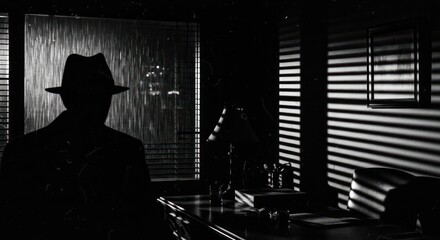 Mysterious silhouette of a person in a hat against a rainy noir cityscape backdrop indoors