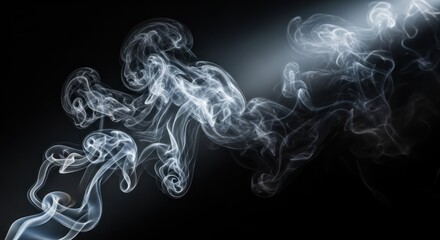Delicate wisps of vapor, captured in swirling ethereal patterns against a stark noir background