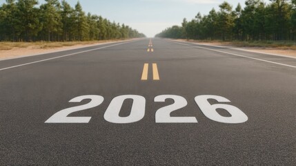 Open road towards the future marked with the year 2026, surrounded by tall trees and a clear blue sky, symbolizing possibilities and new beginnings.