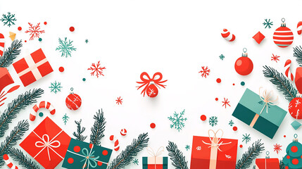 A vibrant seamless Christmas pattern features snowflakes and holiday decoration elements like a tree, gift box, ribbon, and star for a festive winter vector illustration