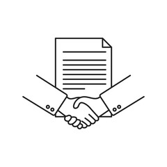 Minimalist line art icon of two hands shaking above a signed document or contract, symbolizing a business agreement or formal partnership.